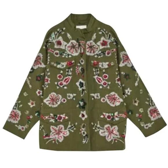 Zara Embroidered Sequin Long Sleeve Full Zip Army Jacket Green Women's Size M - Picture 1 of 13